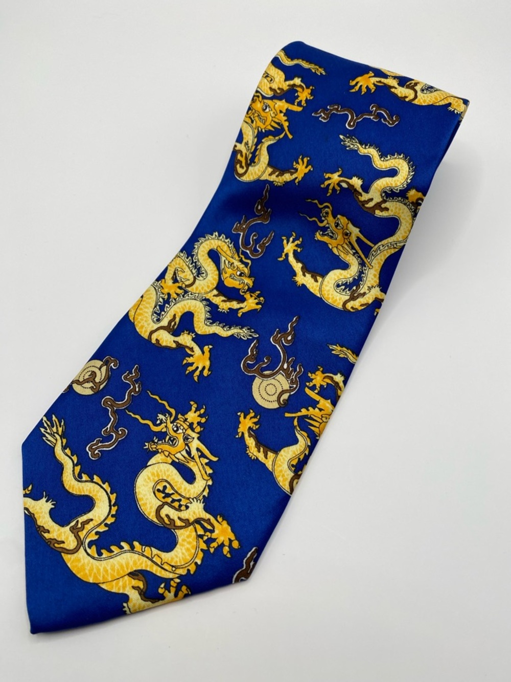 Giorgio Armani Royal Blue Silk Tie with Gold Dragon Motif